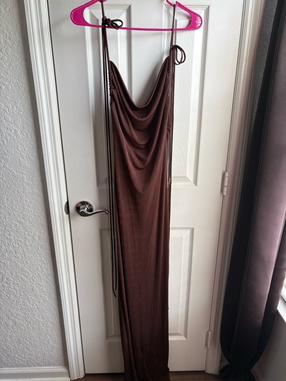 Tie-Shoulder Cowl Neck Maxi Dress in Chocolate Brown